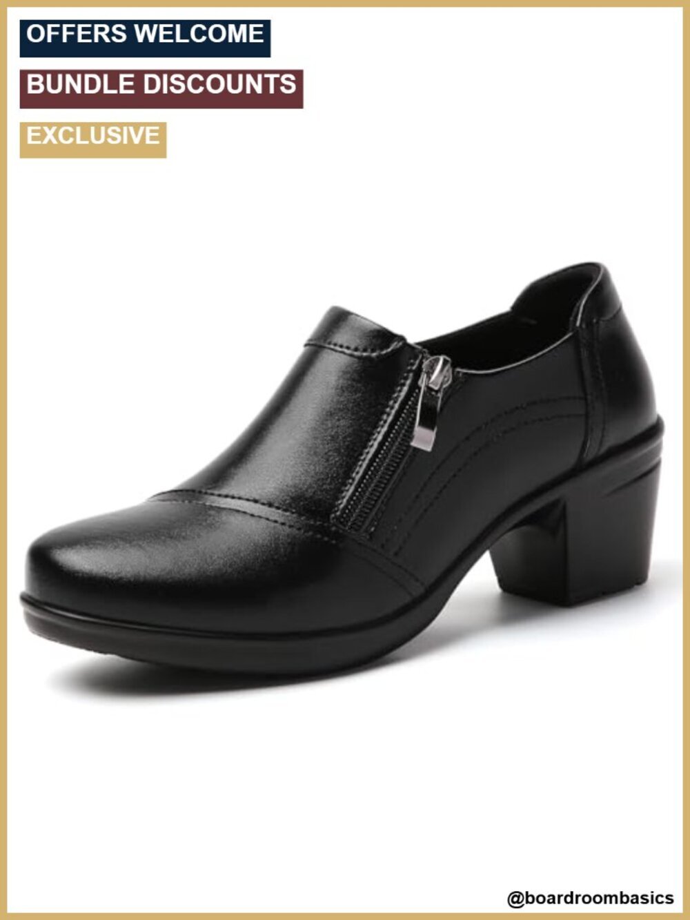 Faux Leather Chunky Block Heel Loafers with Zipper Slip-On Dress Business